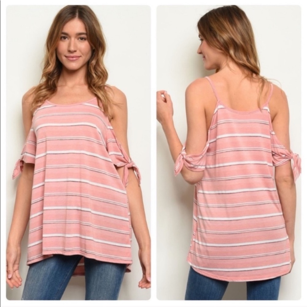 💥Pink/White Striped Cold Shoulder Top